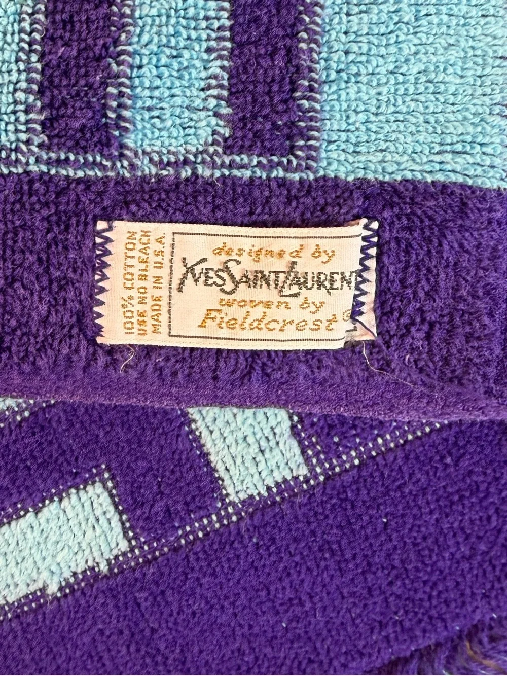 Vtg YSL Yves Saint Laurent Fieldcrest Hand Towel Set 2 FringePurple/Teal Stripe